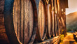 Close-up of a wall of old oak barrels