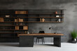 © NOOPIAN - black minimalist office bookshelf The walls are wood and dark gray concrete.