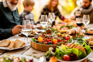 A warm family dinner scene with a variety of healthy foods, enjoying a meal together.