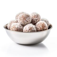 Wall Mural - Homemade coconut bites in metal bowl isolated on white background