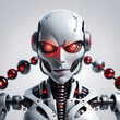 Ein aggressiver gefährlicher Roboter mit künstlicher Intelligenz. Die Maschine hat Rote Augen und ist auf weißem Hintergrund.