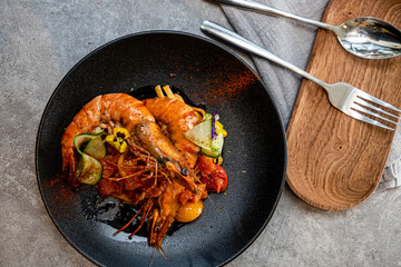 Canvas Print - Grilled tiger prawns with sweet and sour sauce on plate