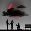 A silhouette illustration of a man in love kneeling on a park grass, proposing to his lover, holding a red rose. The girl shows him her middle finger and cheats on him with a rich man.