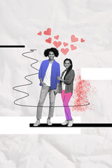 Poster - Vertical creative image poster standing happy cheerful couple lovers hold each other hand valentine day celebrating enjoy time together