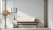 © sevenSkies - Minimalist white apartment entrance with small bench and coat rack from Generative AI