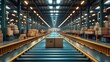 © ND STOCK - Smart warehouse management system concept.Cardboard boxes on conveyor rollers ready to be shipped by courier for distribution in warehouse.Huge distribution warehouse with high shelves and loaders.