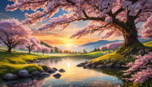 Paysage De Campagne Avec Cerisier En Fleur, Rivière Et Coucher De Soleil Sur La Nature