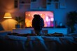 A solitary woman enveloped by the dim light of the night, nestled against the soft cushions of her indoor haven, fixates her gaze upon the glowing screen as she seeks solace in the comfort of her cou
