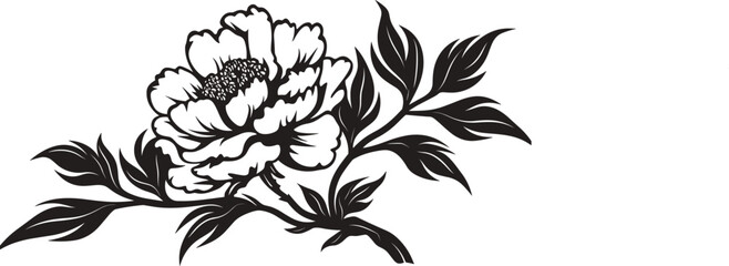 Canvas Print - Flower icon. Peony flower with leaves. Peonies hand drawn vector art. Black silhouette of peony flower.