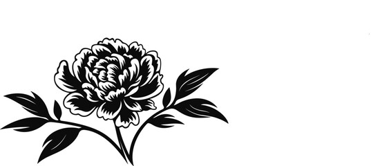 Sticker - Flower icon. Peony flower with leaves. Peonies hand drawn vector art. Black silhouette of peony flower.