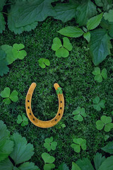 Wall Mural - horseshoe for good luck and clover leaves in forest, natural green background. symbol of irish traditional holiday St. Patrick’s Day. top view. copy space. template for design