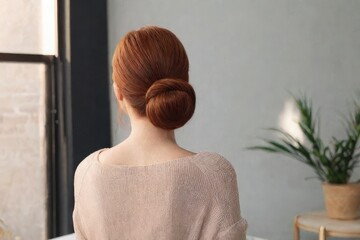 Canvas Print - Red-haired girl with low bun hairstyle, back view