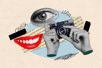 Canvas Print - Collage image of black white effect arms hold photo camera red lips smiling mouth watching eye book page piece isolated on beige background