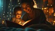 Beautiful mother telling a story to a girl to sleep in a room at night with bokeh lights in high resolution and quality. family concept