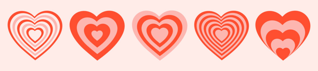 Poster - Vector set tunnel romantic hearts in pink and red  colors. Retro background in groovy style 90s, 00s. Concentric hearts isolated icons