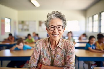 Wall Mural - Portrait of a grinning woman in her 80s dressed in a casual t-shirt against a lively classroom background. AI Generation