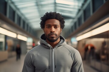 Wall Mural - Portrait of a tender afro-american man in his 30s dressed in a comfy fleece pullover against a dynamic fitness gym background. AI Generation