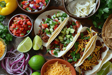 Vibrant Spread Of Fresh Taco Ingredients Such As Diced Vegetables, Grilled Meats, Shredded Cheese, And Herbs