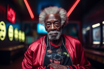 Wall Mural - Portrait of a glad afro-american elderly 100 years old man wearing a trendy bomber jacket against a dynamic fitness gym background. AI Generation