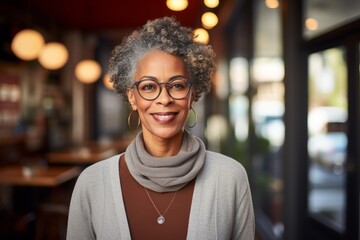 Sticker - Portrait of a happy afro-american woman in her 60s wearing a chic cardigan against a serene coffee shop background. AI Generation