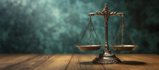 A scale with justice of law and balance of law on wooden background