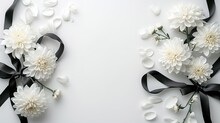 Amazing Black Ribboned White Chrysanthemums Against A White Backdrop, Generative AI.