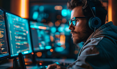 Programmer as they work late into the night, surrounded by the glow of multiple monitors.