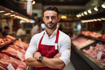 Portrait of a happy young butcher in a modern meat shop.ai generated