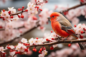 Wall Mural - Red bird on a branch with white spring flowers,ai generated