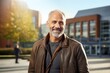 Portrait of a blissful man in his 50s sporting a classic leather jacket against a modern university campus background. AI Generation