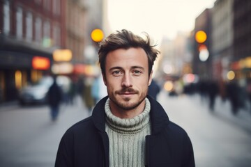 Wall Mural - Portrait of a glad man in his 30s dressed in a warm wool sweater against a bustling city street background. AI Generation