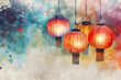 Japanese lanterns in watercolor background.