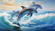 © MyBackground - illustration of a group of dolphins swimming in the sea with the waves