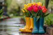 A bouquet of colored tulips in yellow rubber boots on the garden background. Template concept for spring holidays, work in the garden, congratulations on Mother's Day and Women's Day. Copy space.