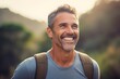 Portrait of a smiling man in his 40s sporting a breathable hiking shirt against a pastel or soft colors background. AI Generation