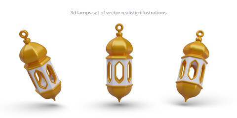 3D gold Arabic lantern. Hanging festive lamp. Vector model in vertical and tilted position