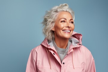 Canvas Print - Portrait of a blissful woman in her 50s sporting a waterproof rain jacket against a pastel or soft colors background. AI Generation