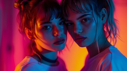 Portrait of two women with neon red and blue lights	