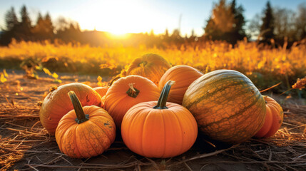 pumpkins on a pumpkin patch at sunset
