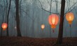 Chinese paper lanterns strung up in the misty forest.