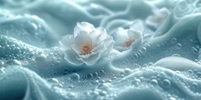 White Jasmine Flowers In A Sea Of Light Blue Soft Waves Of Water, Bubbles Of Fresh Soap Spa, Awakening The Sensation Of Perfume And Soft Elegance Essence And Glamour Pinch