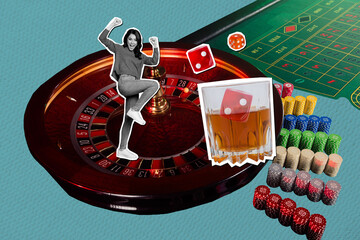 Poster - Abstract artwork composite photo collage of eccentric woman play casino roulette get whiskey roll dice isolated on drawing background