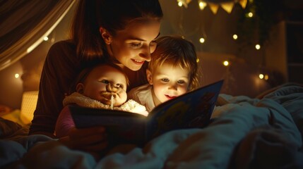 pretty woman reading a book to her daughter in her room