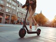 A person riding a stylish electric scooter in a city setting
