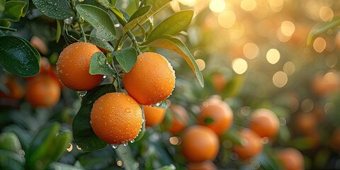 Wall Mural - Orange fruit symbol of food from tree organic and healthy leaves whispering tales in garden juicy essence of agriculture fresh citrus ripening in nature lap tangerine hues blending with green growth