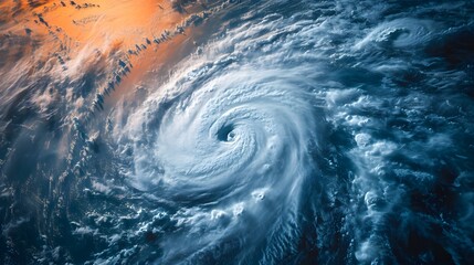 a satellite image of a hurricane in the ocean with a blue sky background and a white swirl in the center