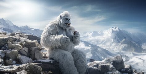 Wall Mural - Polar bear sitting on a rock in the mountains. 3d rendering,White mummy on the background of snowy mountains. 3d rendering.