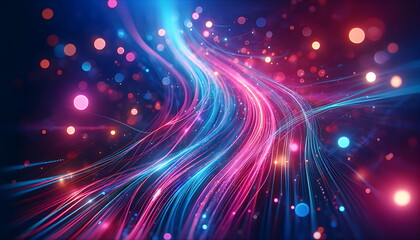 abstract background with pink blue glowing neon lines and bokeh lights.