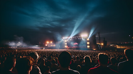 Wall Mural - concertgoers watching a concert in many spotlight. people see a music show. crowd ambience.