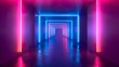 © Vagner Castro - Abstract background of a hallway lit in blue and violet neon light. Empty space of ultraviolet light in 80s retro style.